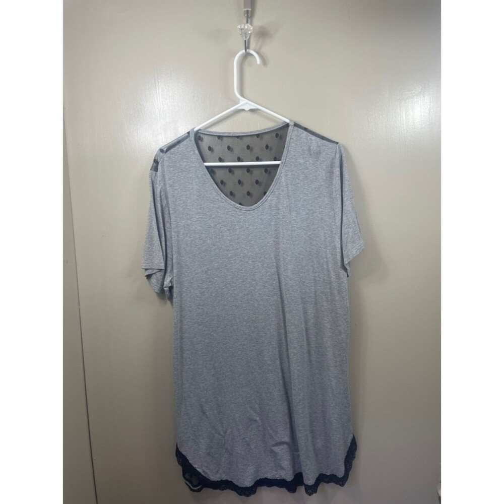 Gray Short Sleeve Tunic with Sheer Polka Dot Yoke